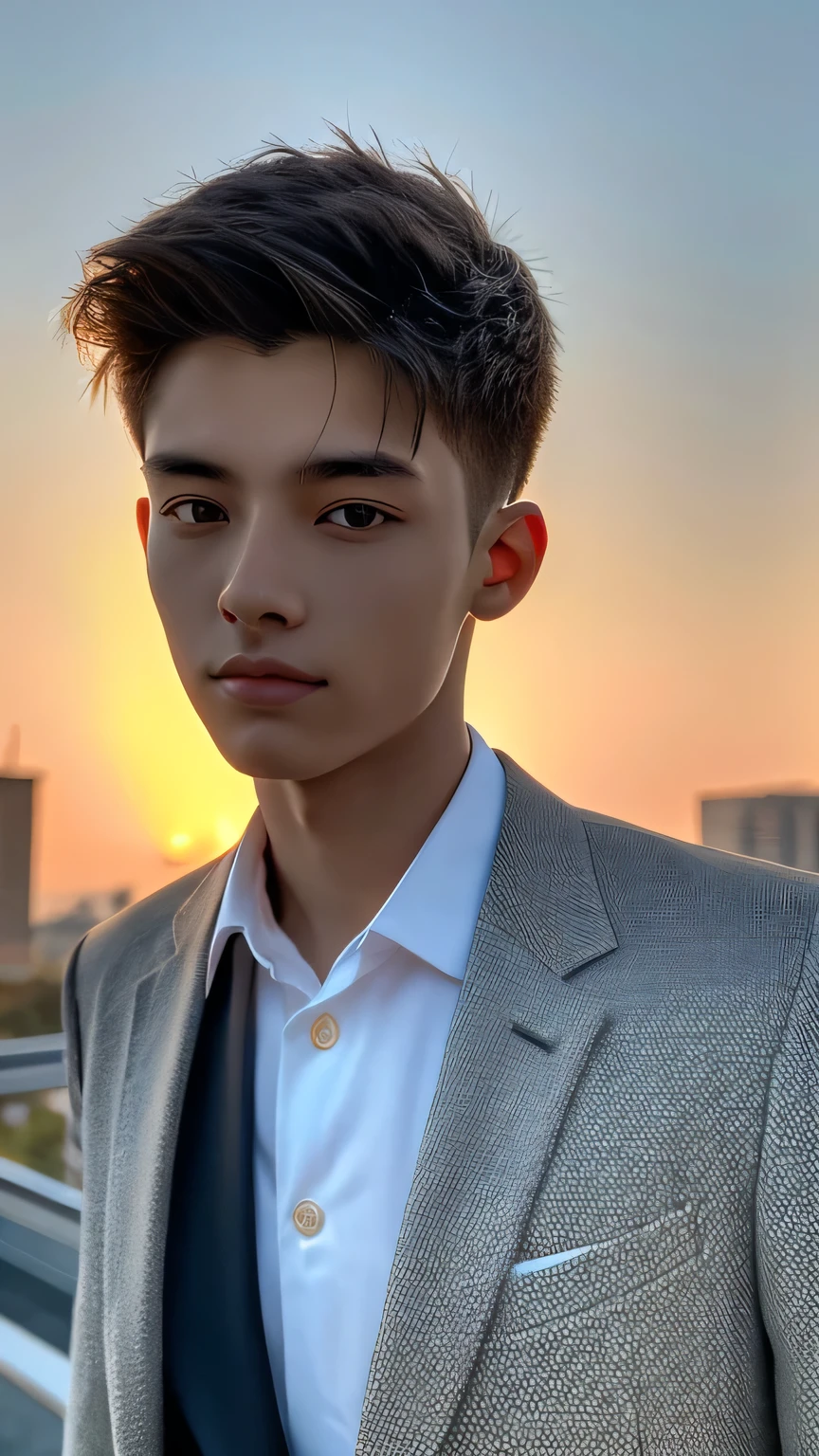 Highest quality, masterpiece, Ultra-high resolution, (Realistic: 1.4), Original photo, wallpaper, Head Photo, skin, Simple Background, Iris, detailed, Selfie, 1 boy, 18-year-old, good looking, Wind,suit、Sunset