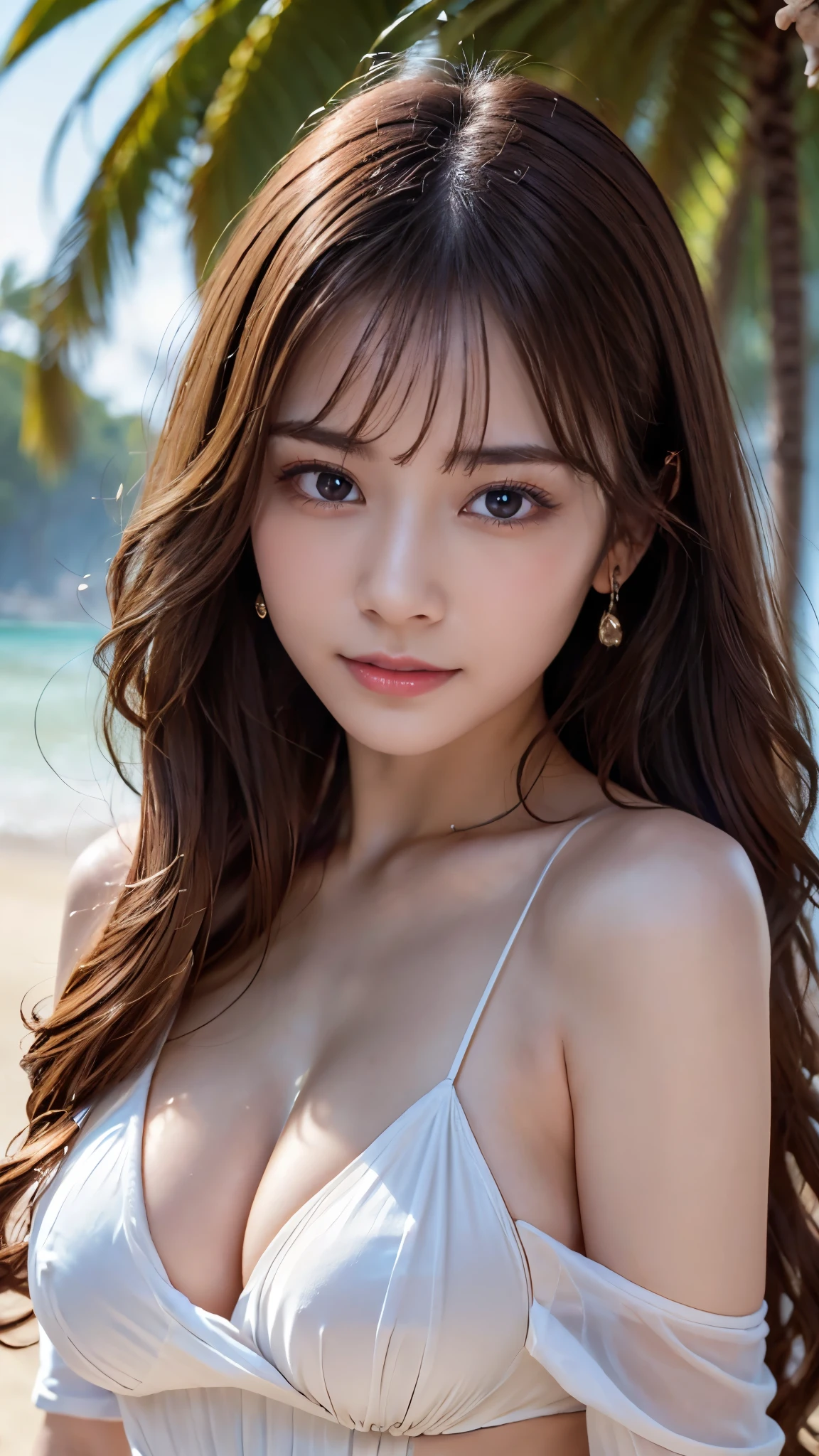 (Detailed skin:1.2),(Shiny skin:1.1),8k,Highest quality, masterpiece, Ultra-high resolution,(Realistic:1.4), RAW Photos,(Soft saturation:1),(Fair skin:1.2),(Succubus:1.1),Japanese beauty,23 years old, Light brown hair,(Straight Hair,Long Long Hair:1.3)), Asymmetrical Hair, (Pretty face:1.4), (Large Breasts, Tight waist,Big firm hips:1.2), ((Beautiful lighting:1.3)), ((Off the shoulder、Mini Dress:1.2)),(Highly detailed face, Highly detailed lips, fine grain, double eyelid,Highly detailed and evenly balanced eyes), (Sharp focus:1.2), ((Full Body Shot)),(Perfect Anatomy:1.3),(Beautiful woman with perfect figure: 1.2)、((Random sexy poses:1.2))、Sharp Eyes,smile,(Sunny sandy beach)