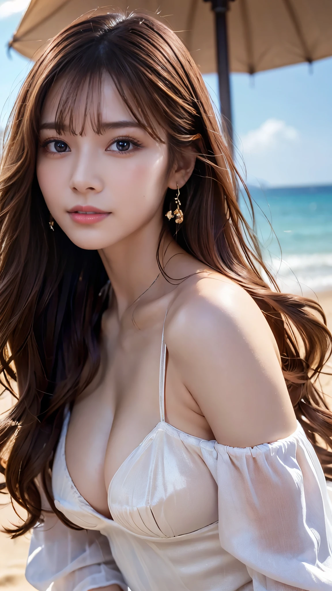 (Detailed skin:1.2),(Shiny skin:1.1),8k,Highest quality, masterpiece, Ultra-high resolution,(Realistic:1.4), RAW Photos,(Soft saturation:1),(Fair skin:1.2),(Succubus:1.1),Japanese beauty,23 years old, Light brown hair,(Straight Hair,Long Long Hair:1.3)), Asymmetrical Hair, (Pretty face:1.4), (Large Breasts, Tight waist,Big firm hips:1.2), ((Beautiful lighting:1.3)), ((Off the shoulder、Mini Dress:1.2)),(Highly detailed face, Highly detailed lips, fine grain, double eyelid,Highly detailed and evenly balanced eyes), (Sharp focus:1.2), ((Full Body Shot)),(Perfect Anatomy:1.3),(Beautiful woman with perfect figure: 1.2)、((Random sexy poses:1.2))、Sharp Eyes,smile,(Sunny sandy beach)