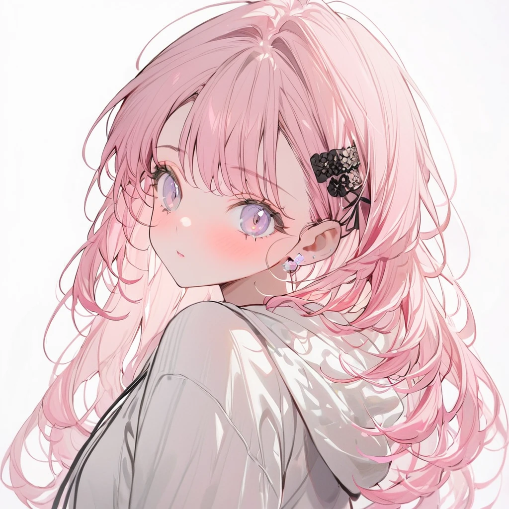 best quality, beautiful, girl, pastel pink hair, black mesh, two black hairpin, white hoodie, upper body, white background