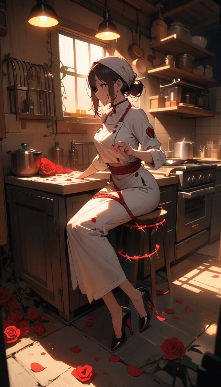 ((best quality)) , ((masterpiece)) , (detailed),1 female,((rose)), (vine), cage, bandage, red rope, (detail light), falling rose petals,((kitchen)),Female chef,High heel,((whole body))