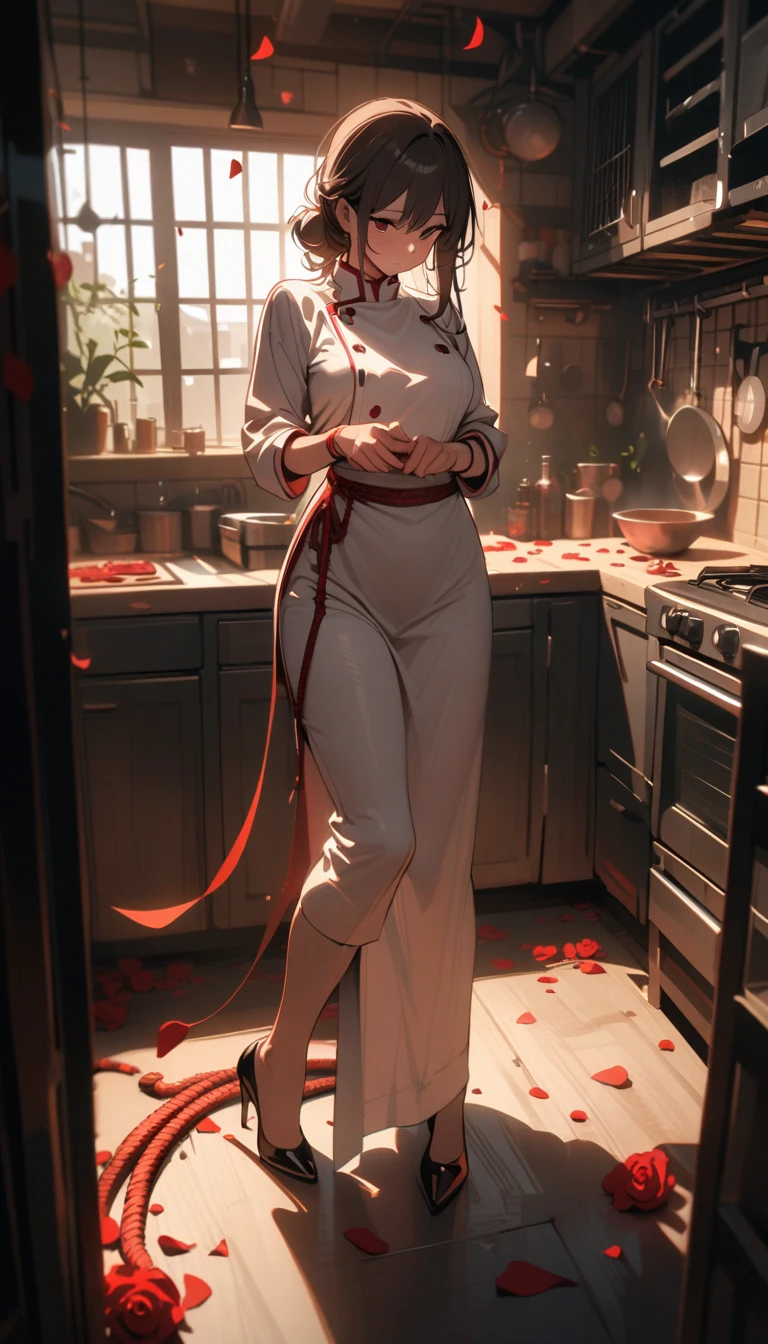 ((best quality)) , ((masterpiece)) , (detailed)，1 female，((rose)), (vine), cage, bandage, red rope, (detail light), falling rose petals,((kitchen))，Female chef，High heel，((whole body))