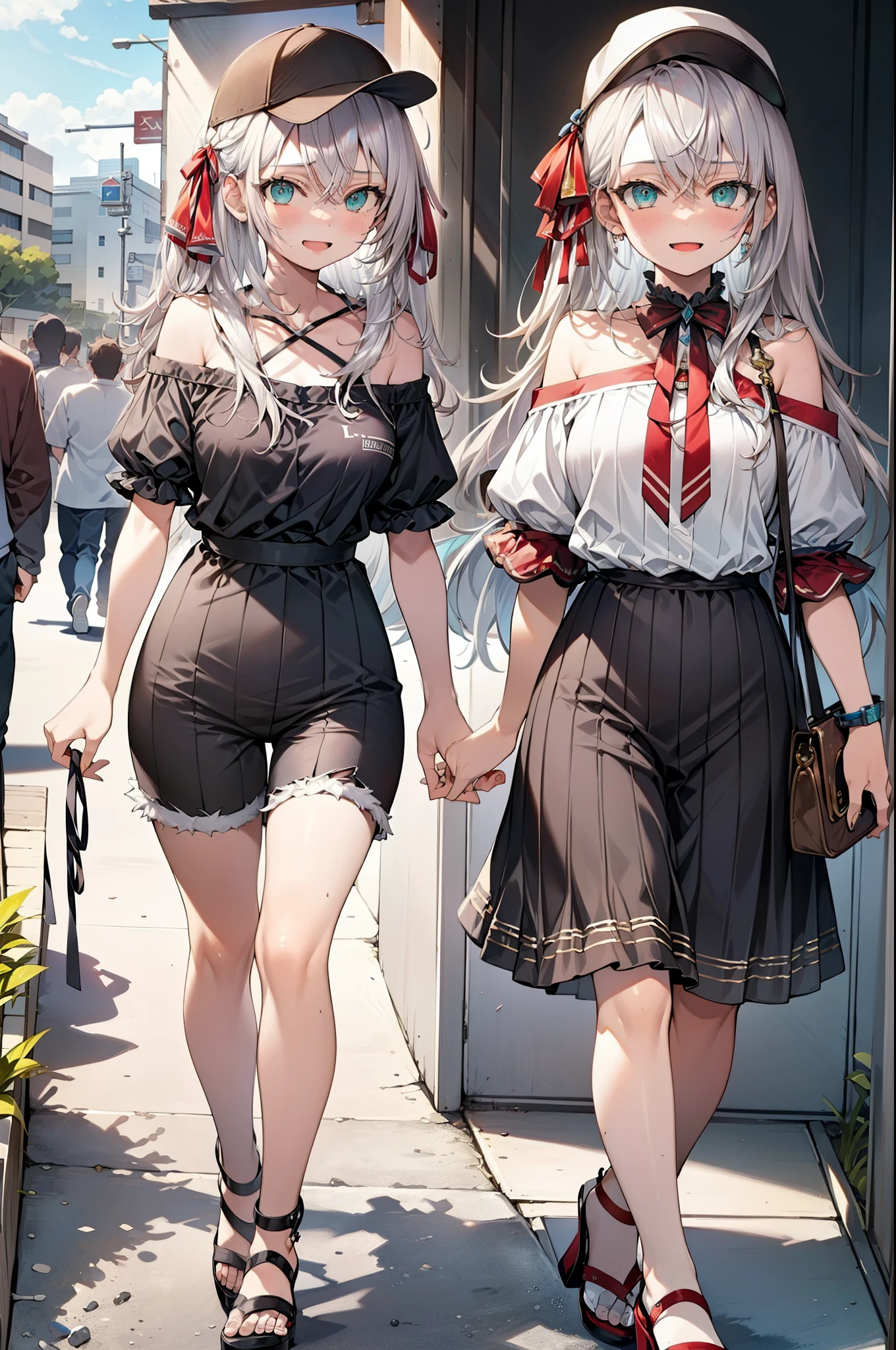 Alisa Mikhailovna Kujo,Hair between the eyes, Aqua Eye, Gray Hair, Long Hair, ribbon, hair ribbon, Oversized one-shoulder shirt,Short sleeve,Shorts,Heeled Sandals,Baseball hats,walk,happy smile, smile, Open your mouth,whole bodyがイラストに入るように,Daytime,Clear skies,
break outdoors, Building district,
break looking at viewer, whole body,
break (masterpiece:1.2), Highest quality, High resolution, unity 8k wallpaper, (figure:0.8), (Beautiful attention to detail:1.6), Highly detailed face, Perfect lighting, Highly detailed CG, (Perfect hands, Perfect Anatomy),