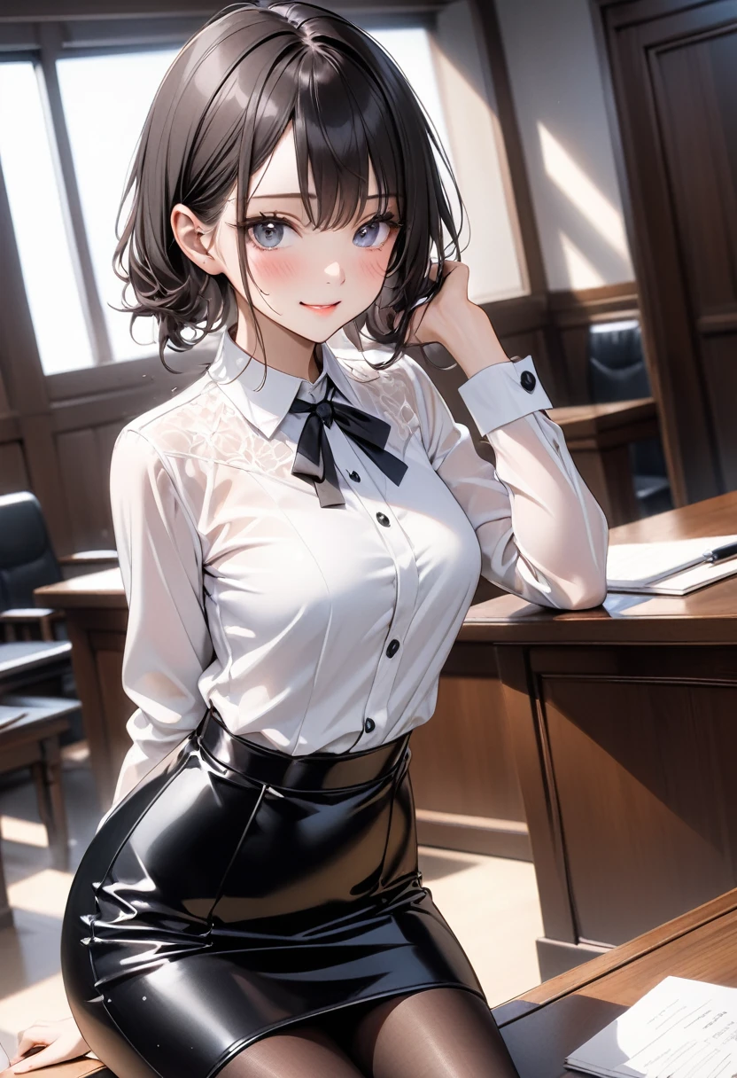 (((Female lawyer, formal suit skirt, pencil skirt a black, pantyhose, white blouse,  jacket, (Shiny Costumes)))), skinny, solo, 1 woman, Masterpiece, highest quality, highest quality, 16K, incredibly absurd, highly detailed, 2.5D, ai-generated, delicate and dynamic, very delicate facial expressions, delicate eye depiction, erotic, only sexy woman, ((A cute and kind face)), healthy figure, ((25-year-old woman)), 160cm tall, medium firm swaying bust,, blush, Sweat,Embarrassed,sexy, ((thin thighs)), (Erect nipples:1.0), shiny and lustrous, facing straight at viewer, smile, ((Oily_skin)), ((dutch angle)), ((erotic pose)), Fashion Model poses, Fashion Model style, (Close-up),In the courtroom, sitting on a desk,