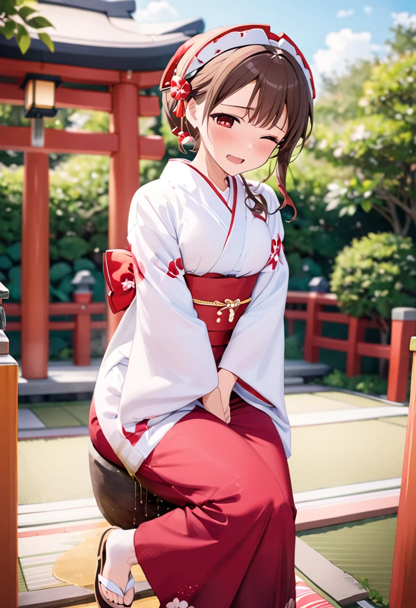 NSFW, (masterpiece, top quality, best quality, highly detailed:1.6), extremely detailed CG unity 8k wallpaper, (full body), wide shot, long shot, (close knees, hands between legs:3), (leaning forward, pee running down legs:2), (standing:2.5), (((clutching crotch))), (Japanese Shrine Maiden Costume, White yukata, Red Hakama:2.5), (woman standing on the shrine, outdoor), (leaning forward,close knees, hands between legs, pee running down legs:2), strong facial expression, (sharp eye:1.2), (scowl:1.1), (embarrassed, blush:1.3), (steam:2), (Wet:1.2), (sweat:1.1), (trembling:1.3), (open mouth, wavy mouth:1.4), (half open eyes:1.5), (one eye closed, Wink:1.5), (feeling weak:1.5), (shoot from front, looking at viewer:1.2), sandals, (long hair, Brown hair, low ponytail:1.4), (woman trembling with sexual climax:1.5), colorful, full body, wide shot, perfect composition, (Crossing legs, Touching the crotch:1.7), urination, incontinence, piss, peeing self, A lot of pee, pee running down legs, (((pee stream))), (pee puddle), Wetting herself, peeing, blush, trembling, embarrassed, large breasts, Yellow pee, ((leaking pee)), Shaking one's shoulders, Breaking a sweat on forehead, puddle of pee, Pee at your feet, Pee spread on the floor, (Pee stains), Feet Wet from pee, Pee-covered feet, Pee at your feet, want to pee, about to pee, Full bladder, Hakama stained yellow with urine, Pee-soaked ankle socks, Pee-soaked sandals, natural makeup,