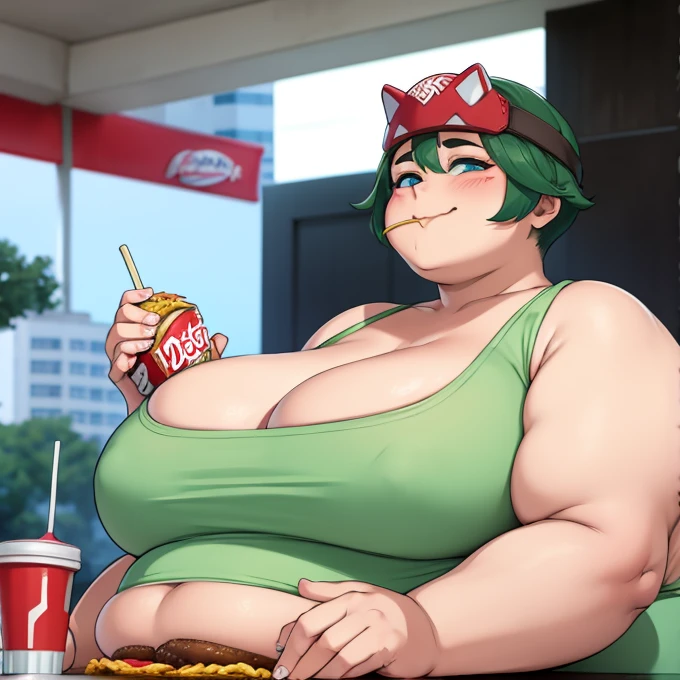 Fat girl With green short  hair with a big belly and breasts, she is very big and fat, sitting while eating junk food. She is surrounded by hamburgers, French fries, and soft drinks, with a satisfied expression on his face. With a big belly and a round face with a double chin.