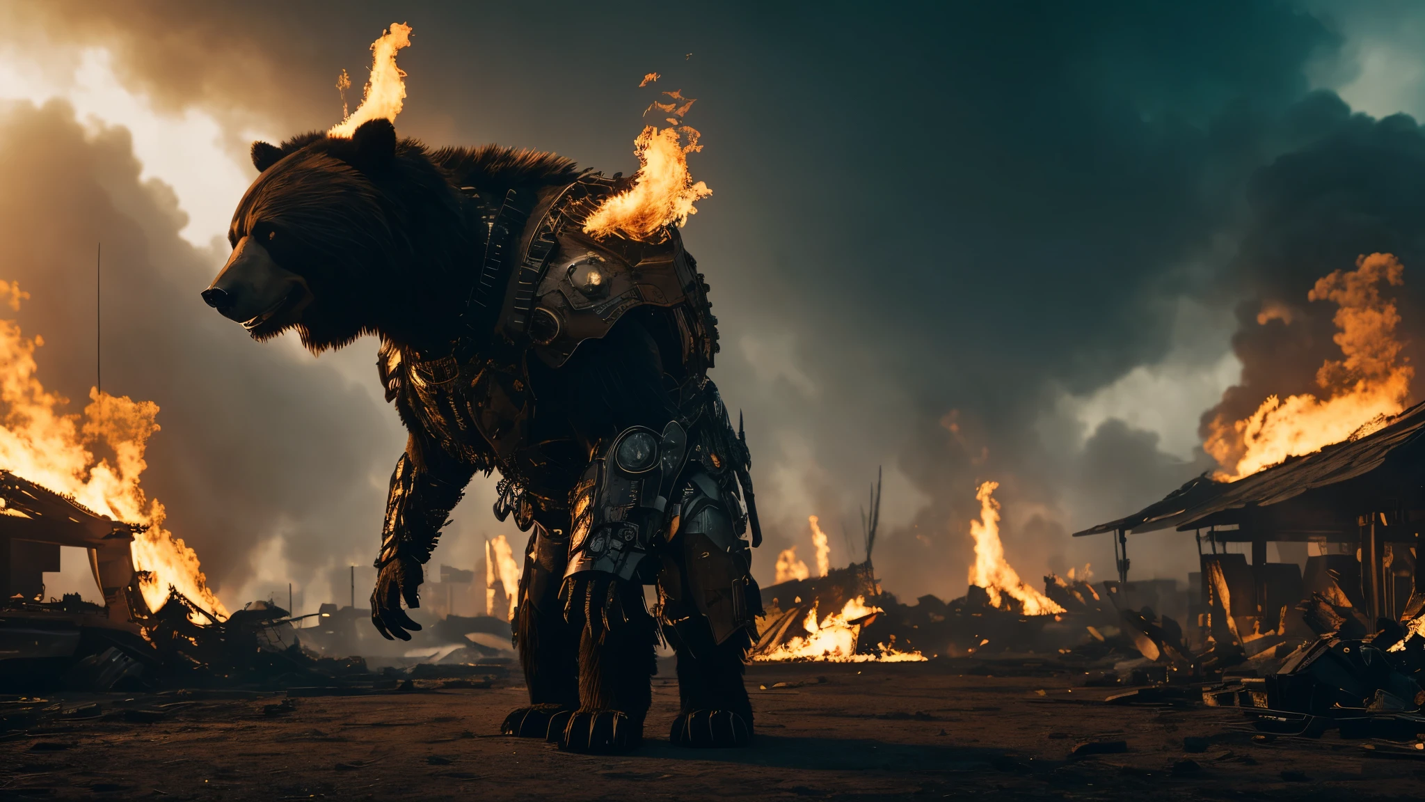[Ultra-realistic][Cyberpunk style] There is one character. A ferocious, bear-like humanoid cyborg that threatens enemies with its huge, sharp claws and roars. He wears bone armor and human bone decorations. The background is a ruin burning with flames and smoke. A powerful super-zoomed image of the character pointing his huge claws at the screen and about to attack at any moment.