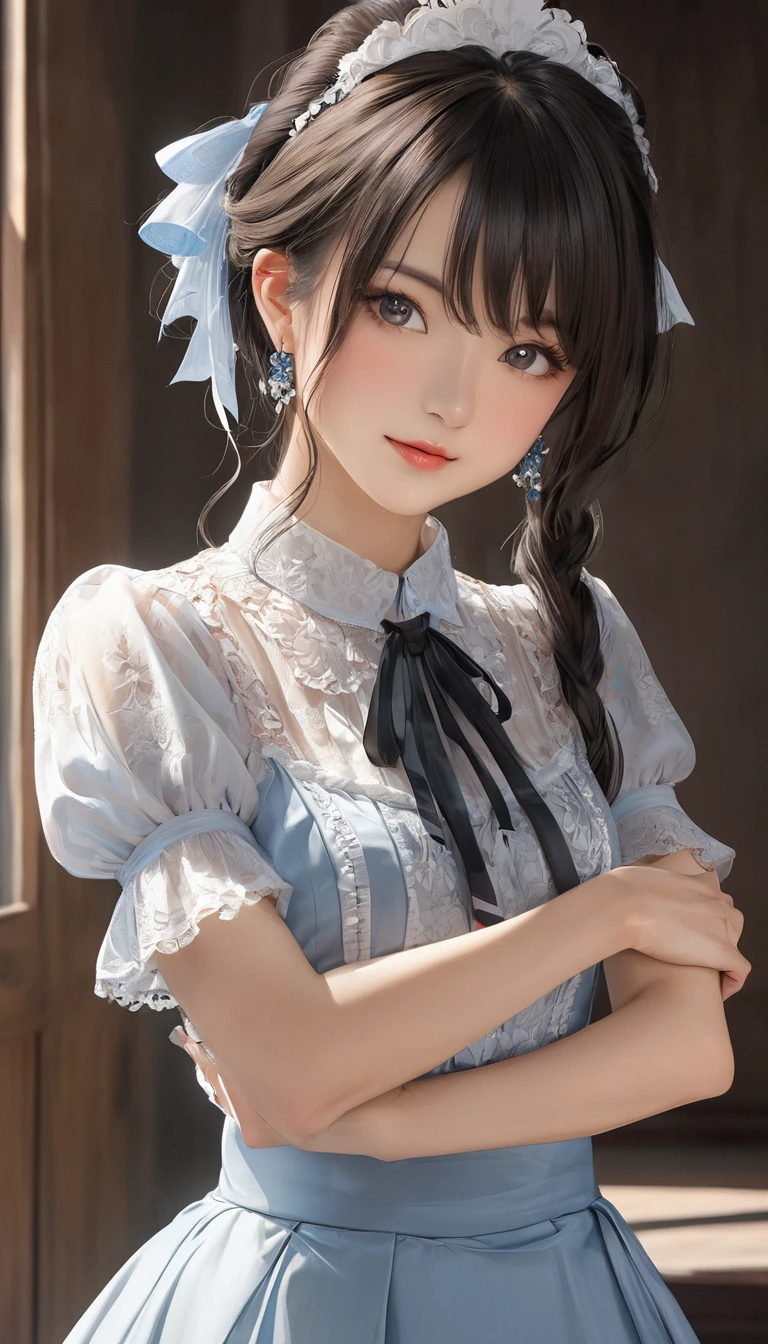 (masterpiece, Highest quality:1.2), One girl, alone,bony body、15 years old、Earrings、(one hand on hip:1.3) , master piece , best quality , highly detailed , woman , blouse , (matured female)