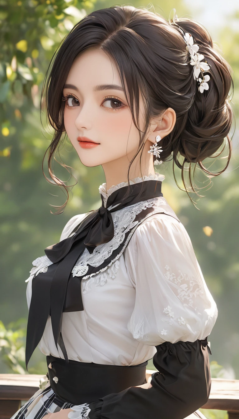 (masterpiece, Highest quality:1.2), One girl, alone,bony body、15 years old、Earrings、(one hand on hip:1.3) , master piece , best quality , highly detailed , woman , blouse , (matured female)