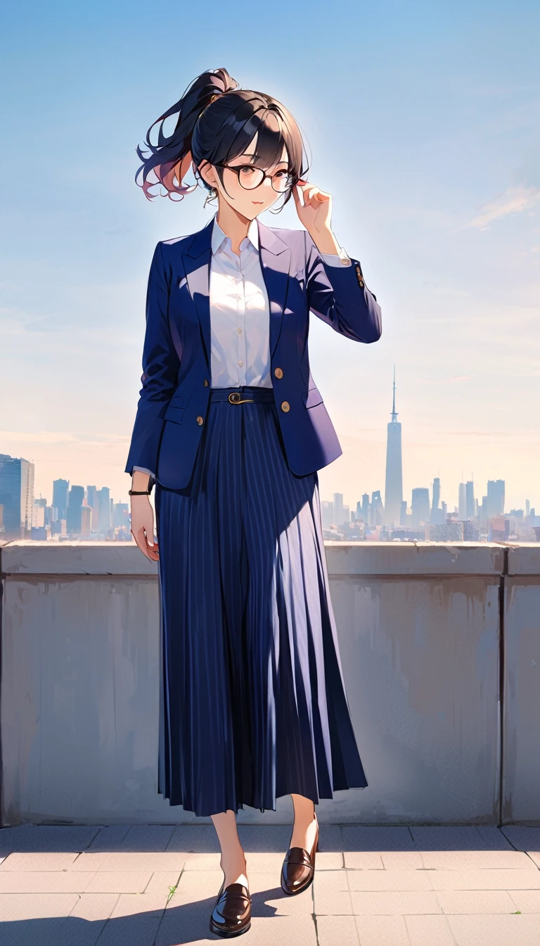 a woman, ponytail, Black Hair, Glasses, Navy blue blazer, White shirt, Navy blue long skirt