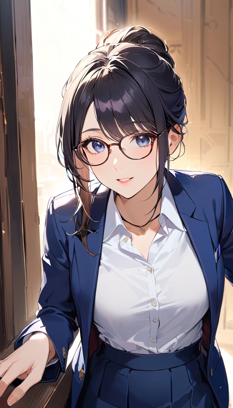 a woman, ponytail, Black Hair, Glasses, Navy blue blazer, White shirt, Navy blue long skirt