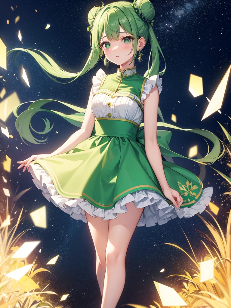 Full body、I have a smartphone、Green Hair、Bun Hair、Night sky background high resolution model, Crystal Earrings, One girl, Are crying, I want to cry, Sparkling eyes, 