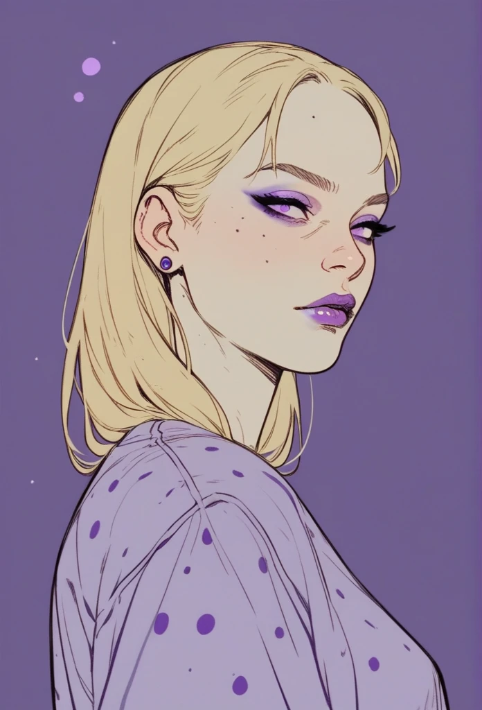 (score_9, score_8_up), score_7_up, zPDXL, beautiful woman, Asian, blonde hair with purple dots, pale skin, purple lipstick, light purple eyes, purple eyeliner, 8K, perfect hand, perfect anatomy, SFW, Purple background, film grain, cowboy shot sinozick style