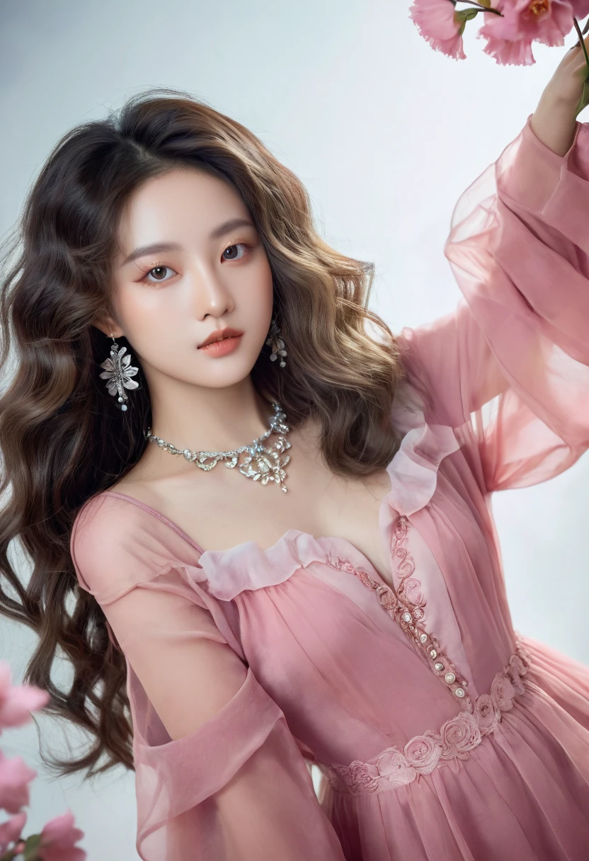 Fashion Photography Portrait Girl, cropped shoulders, Long fluffy curly hair,Pink dress,Pose in front of the flowers, Soft light edge lights, beautiful shadow, low tune, Realistic, Natural skin texture, Realistic Eyes and Face Details, surrealism, necklace,photorealistic eye, translucent resin waves, utopian vision, qing dynasty, dark white and light gray, eye-catching tags