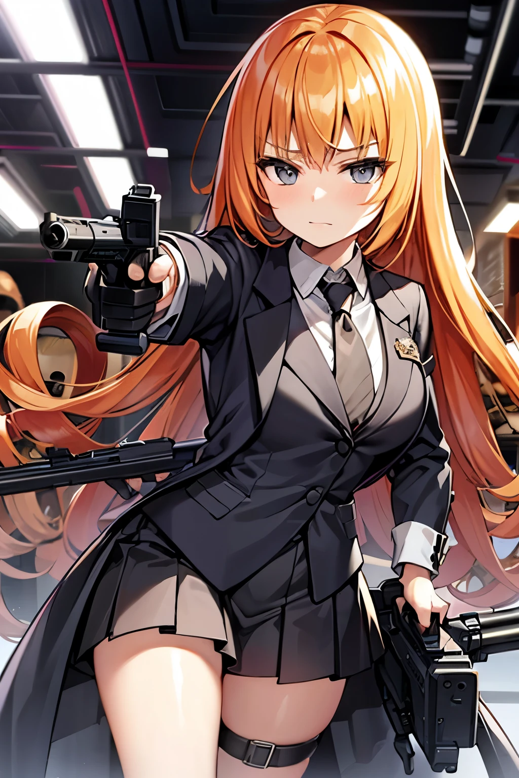 ****************、Long curled hair、Light blonde、Has a sharp face、Wearing a black suit、Holding a gun in his right hand