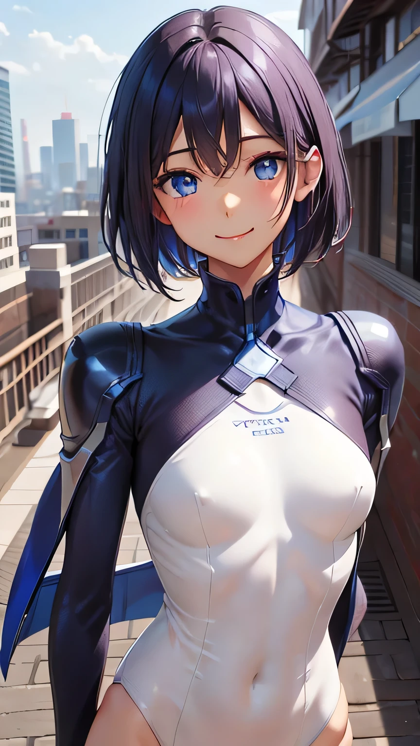 highest quality、Realistic、male、zoom、Cobalt blue eyes、maroon short hair、Hero Suit、Glossy white bodysuit、Blue accents、slender、Dark Skin、Rooftop、An inappropriate smile、Bust Shot、