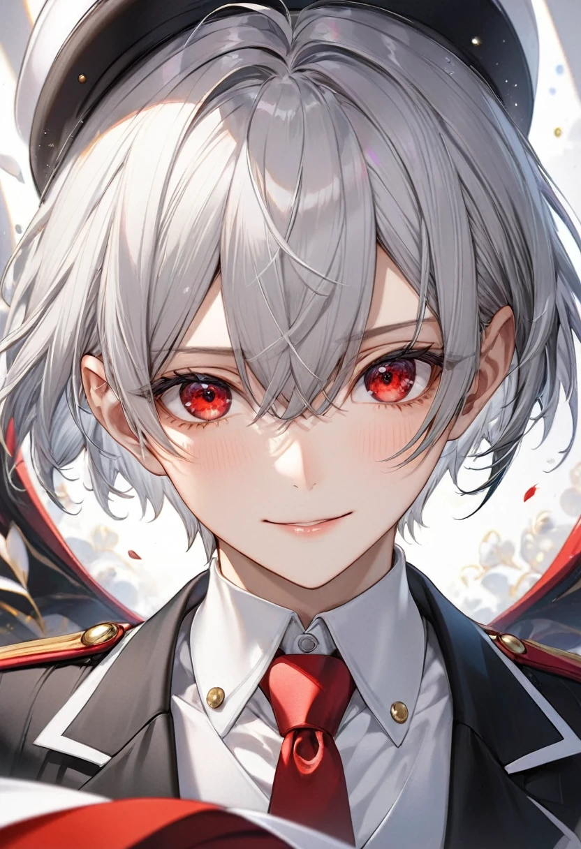 (Close-up face style), (pov, solo:2, 16 yo), (cool crew cut) (cool detailed silver hair, very short hair) (divine fighter boy, beautiful red eyes), (very soft smile), in a butler suit, BREAK, perfect anatomy, masterpiece, best quality, 16k, beautiful detailed lclose-up face, daydreaming expression.
