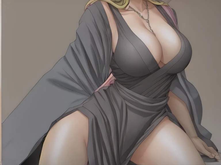 Rangiku Matsumoto, a busty and beautiful-legged girl, stands in a miniskirt that accentuates her breasts.。