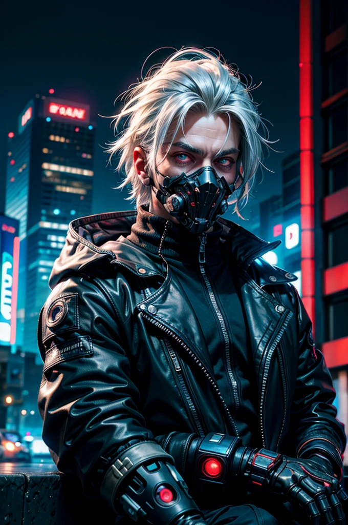 "dark theme :: closeup face focus, ultra realistic futuristic cyberpunk muscular male white hair sitting :: cyberpunk face (cyber eyes) :: cool cybernetic punk jacket red neon eyes :: shirtless:: mechanical intricate mask :: natural lighting :: bokeh :: 8k :: best quality :: masterpiece :: futuristic cityscape background"