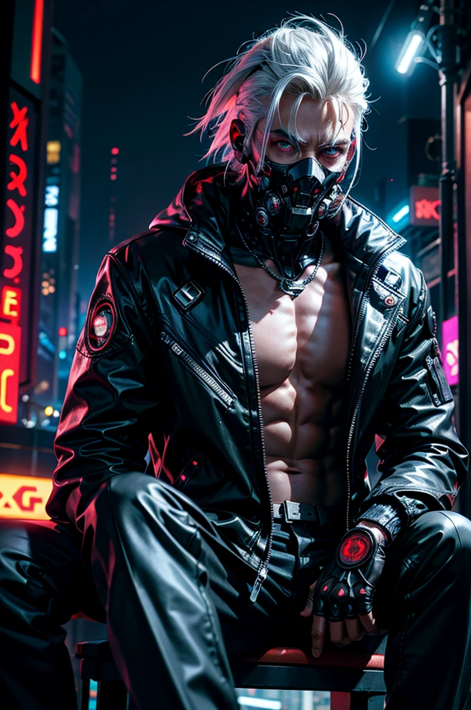 "dark theme :: closeup face focus, ultra realistic futuristic cyberpunk muscular male white hair sitting :: cyberpunk face (cyber eyes) :: cool cybernetic punk jacket red neon eyes :: shirtless:: mechanical intricate mask :: natural lighting :: bokeh :: 8k :: best quality :: masterpiece :: futuristic cityscape background"