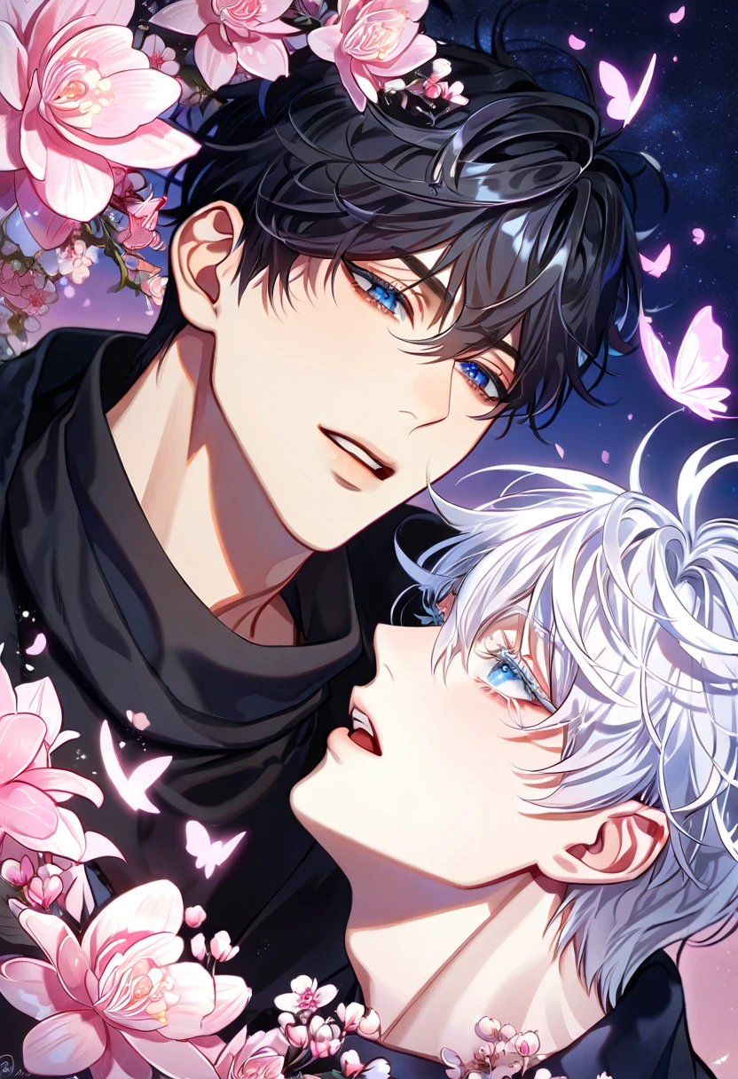 absurdres, highres, ultra detailed, HDR, master piece, best quality, extremely detailed face, delicated features, Kang Woojin, black hair, messy hair, expressive dark blue eyes, Love Jinx, Gojou Satoru, white hair, expressive blue eyes, white eyelashes, two sexy men together, gay couple, yaoi, handsome, black coat, black sweater, black scarf, fantasy, magical, radiant, blossoms, pink flowers, pink butterflies, starry night, shining pink moon