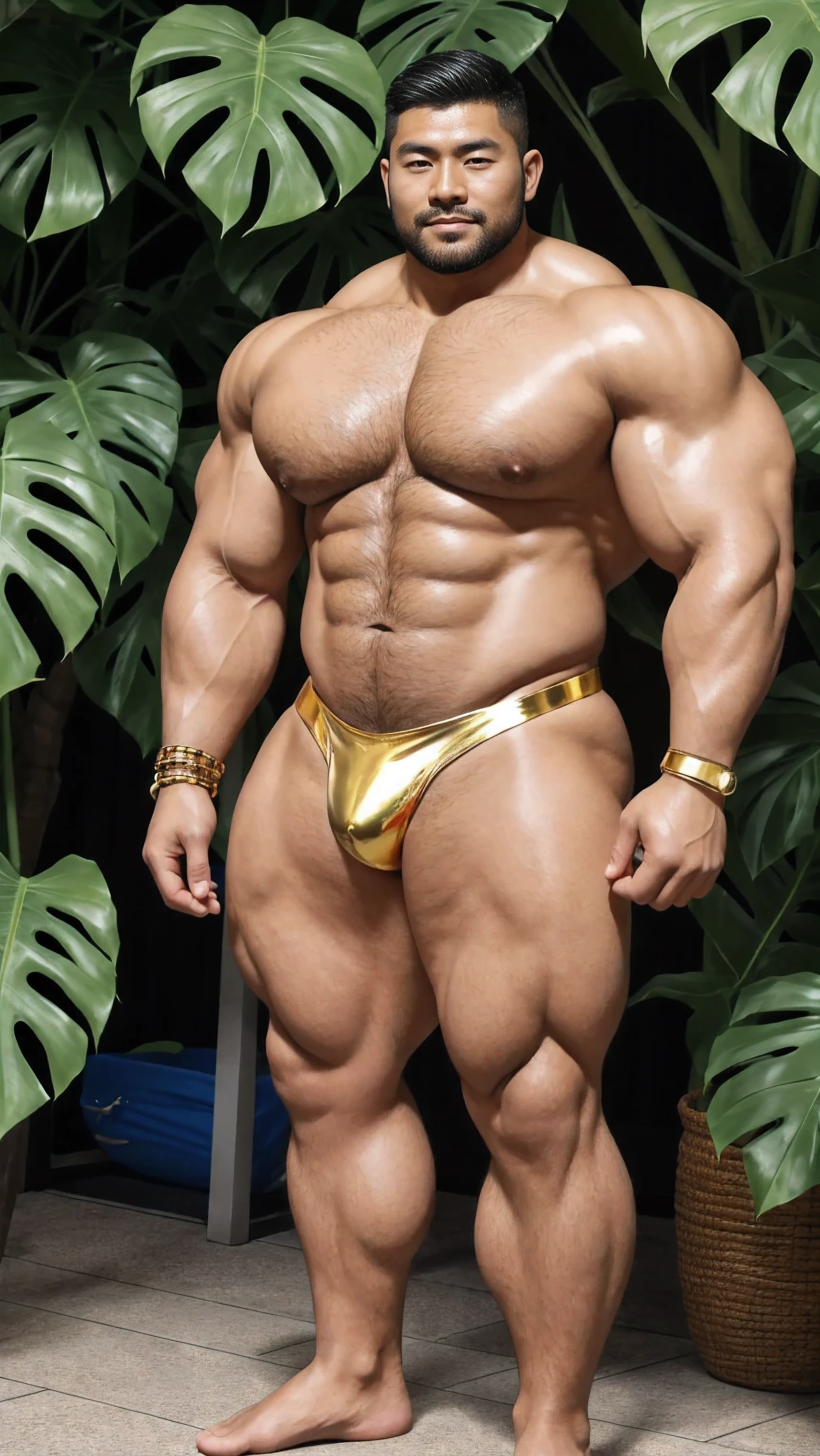 There is only one handsome Chinese man in the photo,35 years old,tall, Fitness,Smooth body,Smooth skin,No chest hair,short hair, O-Shaped Beard,Perfect body, Dark skin color,Radiant Skin,Smooth skin,Shiny, shiny skin,Smooth pectoral muscles,Muscle bulge, muscular, Very large pectoral muscles,Very sexy abdominal muscles,Very well-developed leg muscles,Huge concave and convex area,Brightens oily skin,Wearing a fluorescent leather thong,Handsome face,Normal human toes,Correct and accurate male body proportions,Gold bracelet,Gold anklets,Standing in front of Monstera leaves。