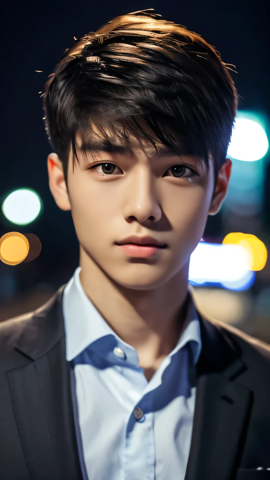 Highest quality, masterpiece, Ultra-high resolution, (Realistic: 1.4), Original photo, wallpaper, Head Photo, skin, Simple Background, Iris, detailed, Selfie, 1 boy, 18-year-old, good looking, Wind,suit、night