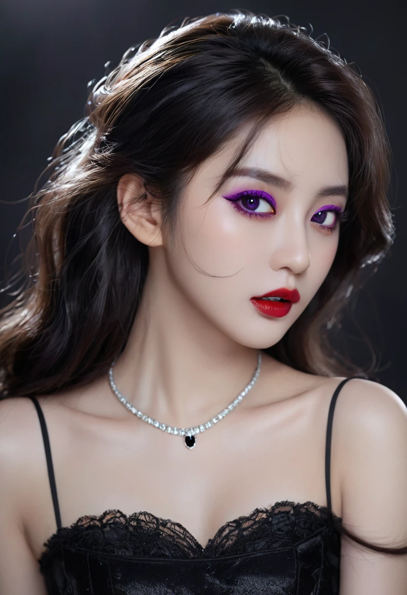 highest quality、masterpiece、8k、Award-winning works、Hyperrealism、Vampire Princess、、Photographing faces with beautiful composition、The most detailed and beautiful face、Cold look、look at me、Long eyelashes、Creepy Makeup、Black lipstick、purple eye shadow、Beautiful glossy lips、highest qualityのウルトラHDスキン、The most detailed eyes、High quality black camisole、Pitch black background、dark、Beautiful long hair、(Glowing Eyes、Sharp Fangs、Bloody mouth)、(((Midshot 1.5)))、Backlight、(((Close your eyes 1.5)))、Black suit 1.5、Place your right hand on your mouth 1.4,