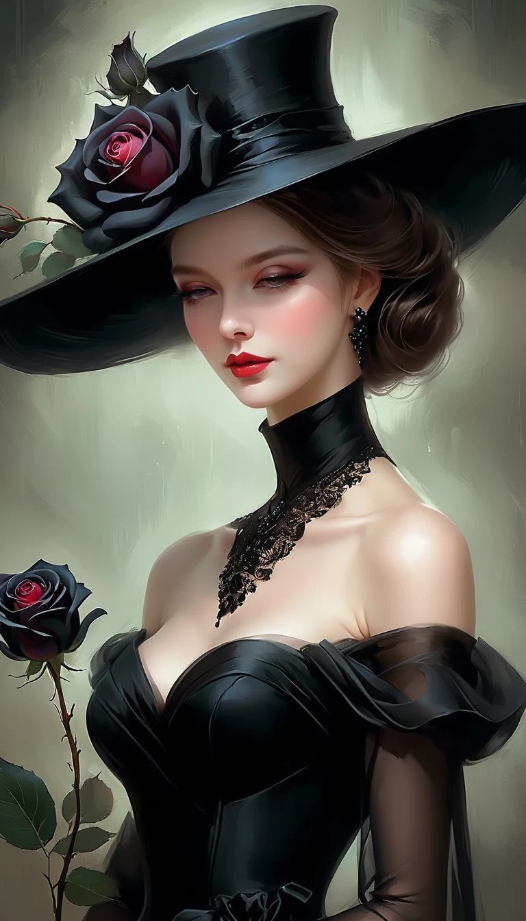 arafed woman in a black dress and hat with a black rose, a digital painting by Marie Bashkirtseff, trending on cg society, gothic art, elegant lady, digital art of an elegant, elegant digital painting, elegant woman, elegant girl, wearing black dress and hat, mysterious glamour, stunning elegant pose, exquisite black accessories