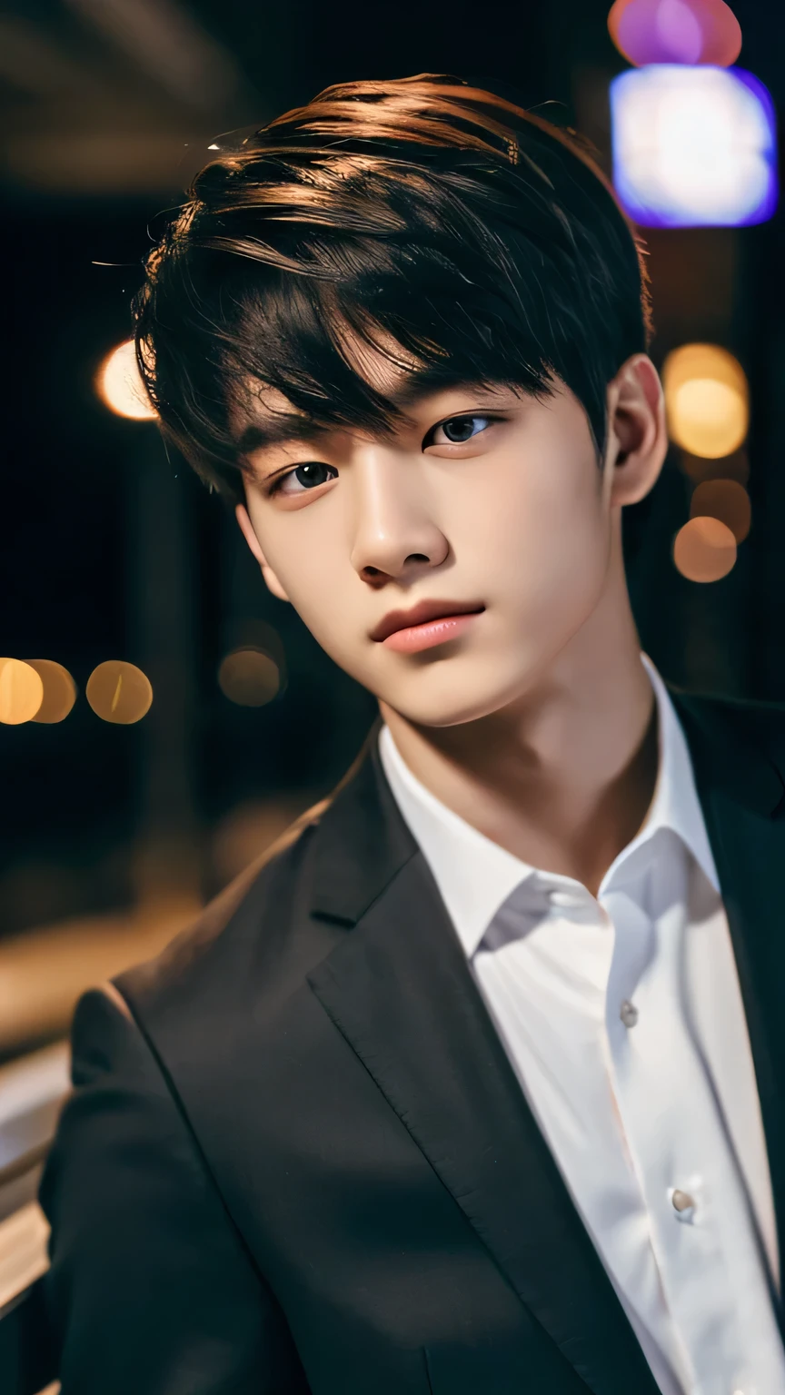 Highest quality, masterpiece, Ultra-high resolution, (Realistic: 1.4), Original photo, wallpaper, Head Photo, skin, Simple Background, Iris, detailed, Selfie, 1 boy, 18-year-old, good looking, Wind,suit、night