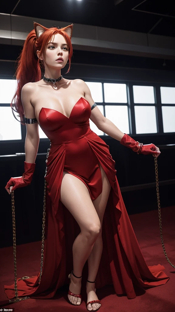 A girl with red cat ears, red hair, ponytail, she is wearing a red strapless dress that leaves her thighs and legs and feet exposed, full body, she has her arms half open, her wrists are handcuffed and chained by a metal chain that connects to a steel collar that is around her neck, in a high-class ballroom, there are men in suits in the background and an audience in the background, she is wearing red gloves that go from her hands to half of her arms, she is worried, anxious, barefoot, her hands are half open, fear, standing 