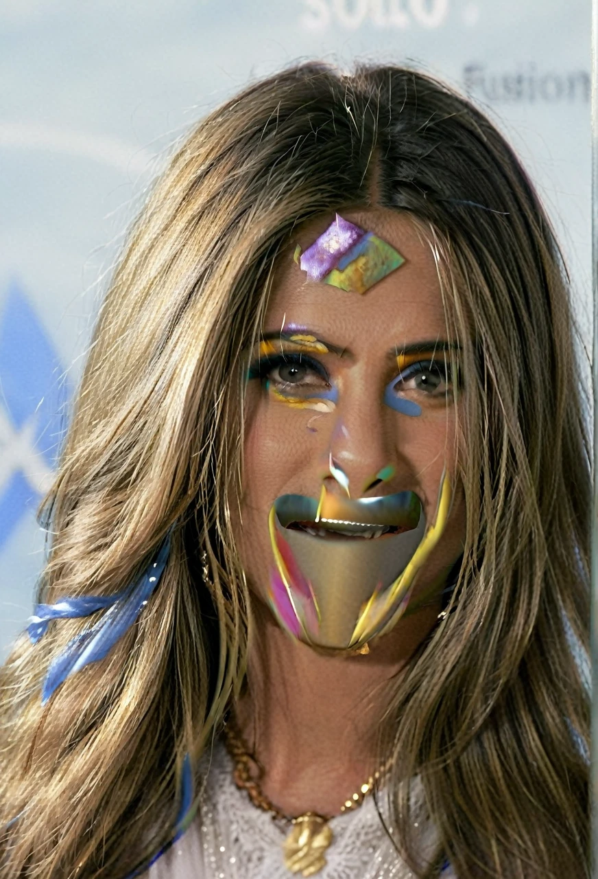 front view, head and shoulders shot, portrait, 1 woman, solo, jennifer salma hayek aniston, fusion, merge, combination