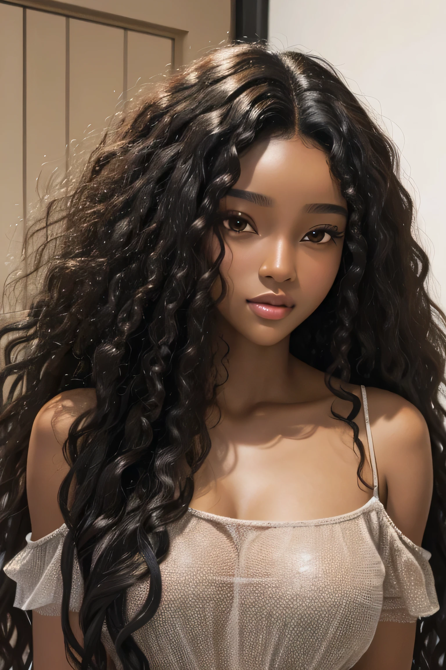 masterpiece, best quality, beautiful black and Asian mixed 19 year old, brown skin female, long, frizzy, curly black hair, perfect face, half body, long hair, melanin, curly dark hair