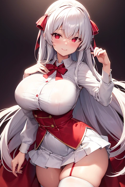 Kizi, Youngh, white skin, long dark hair, eyes red eyes clear, cute smile, Madura, Large breasts and drooping, white short skirt, skirt necklines,  Broad Hips, big-ass, Body cute, longsleeve, garter-ribbons, muslos grandes, seducing gaze, one hand on the face, (masterpiece)