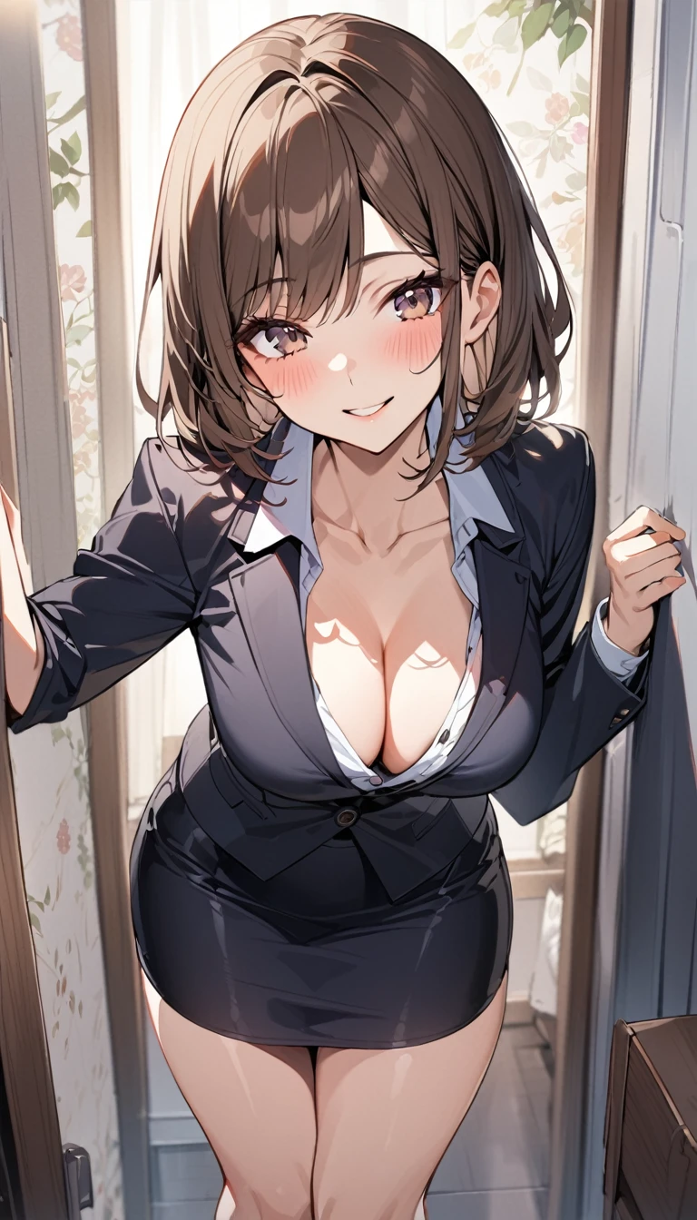 1 girl,Attractive office lady,28 years old, I let go of your lips, blush, Brown Hair,Medium Hair, smile, blazer,Open your shirt buttons up to your chest,Cleavage,Office Casual, Tight Skirt,Thin legs,Thighs,Hip, clavicle, Slender figure,Narrow waist,Beautiful expression right down to your fingertips, (masterpiece), wallpaper,
