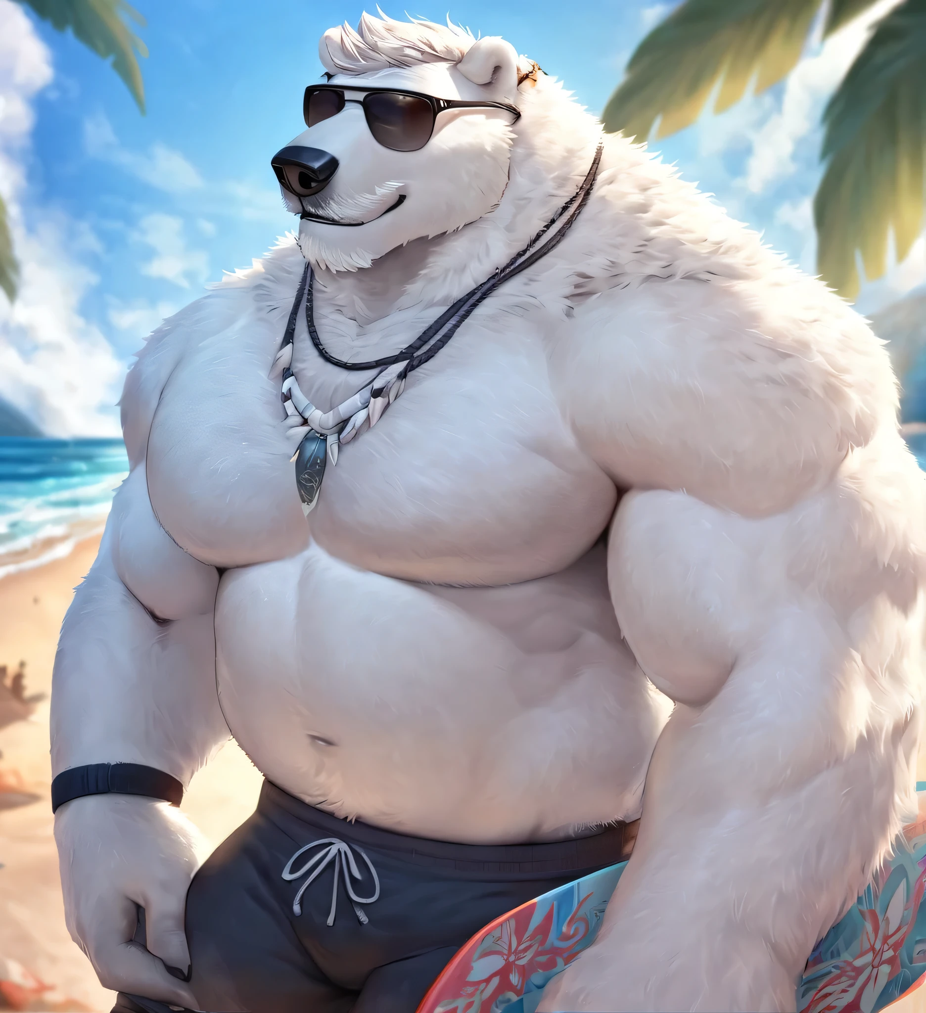 solo, 1boy, Huge Muscular Polar Bear Dad wearing black sunglasses, huge white fur, pectoral, huge pectoral, wide pectoral, short white hair, black swim trunks, black wristbands and shirtless topless, bearded white, white Mustache, white fur, tooth necklace, professional surfer, surf board, background, masterpiece, high detailed, 8k, high resolution, at the beach