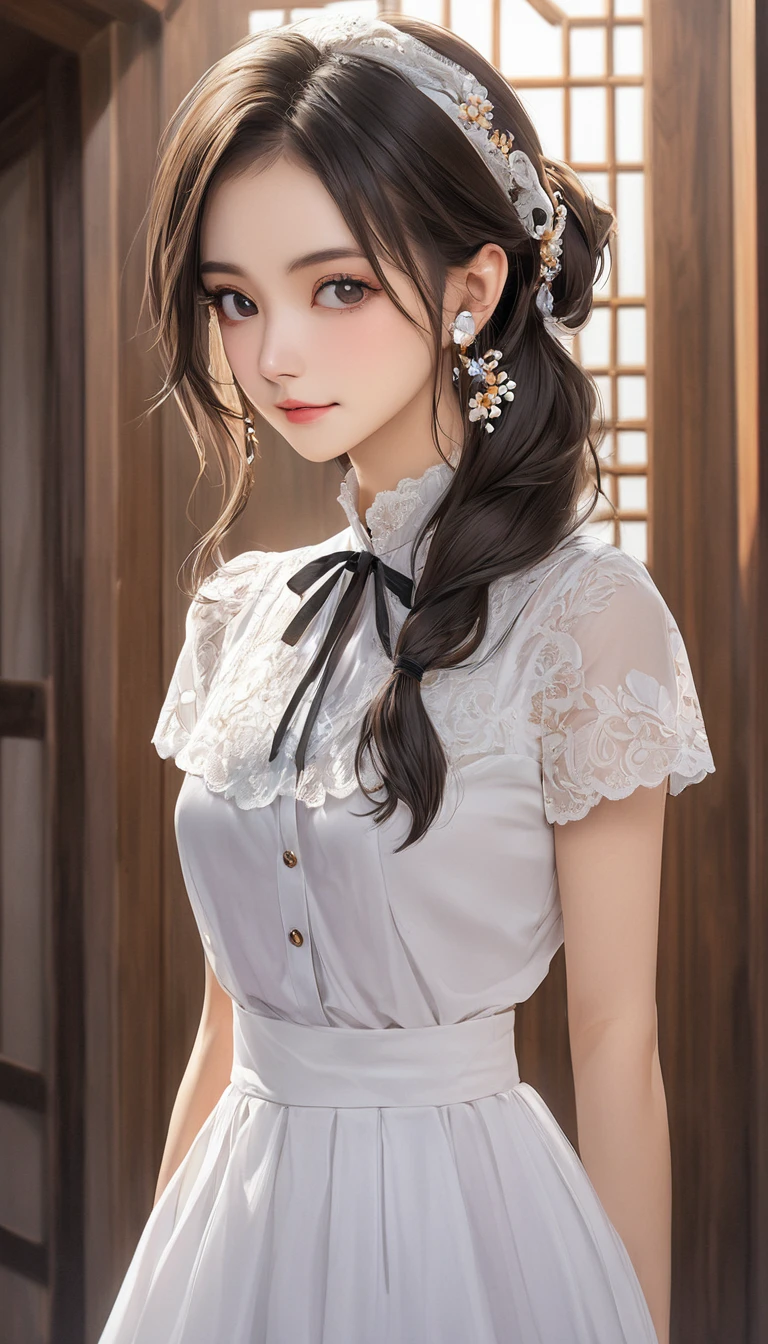 (masterpiece, Highest quality:1.2), One girl, alone,bony body、15 years old、Earrings、(one hand on hip:1.3) , master piece , best quality , highly detailed , woman , blouse , (matured female)