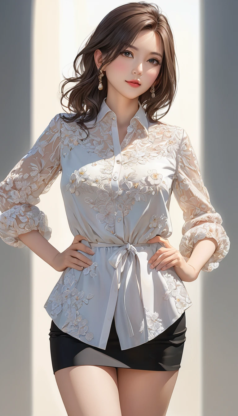 (one hand on hip:1.3) , master piece , best quality , highly detailed , woman , blouse , (matured female)