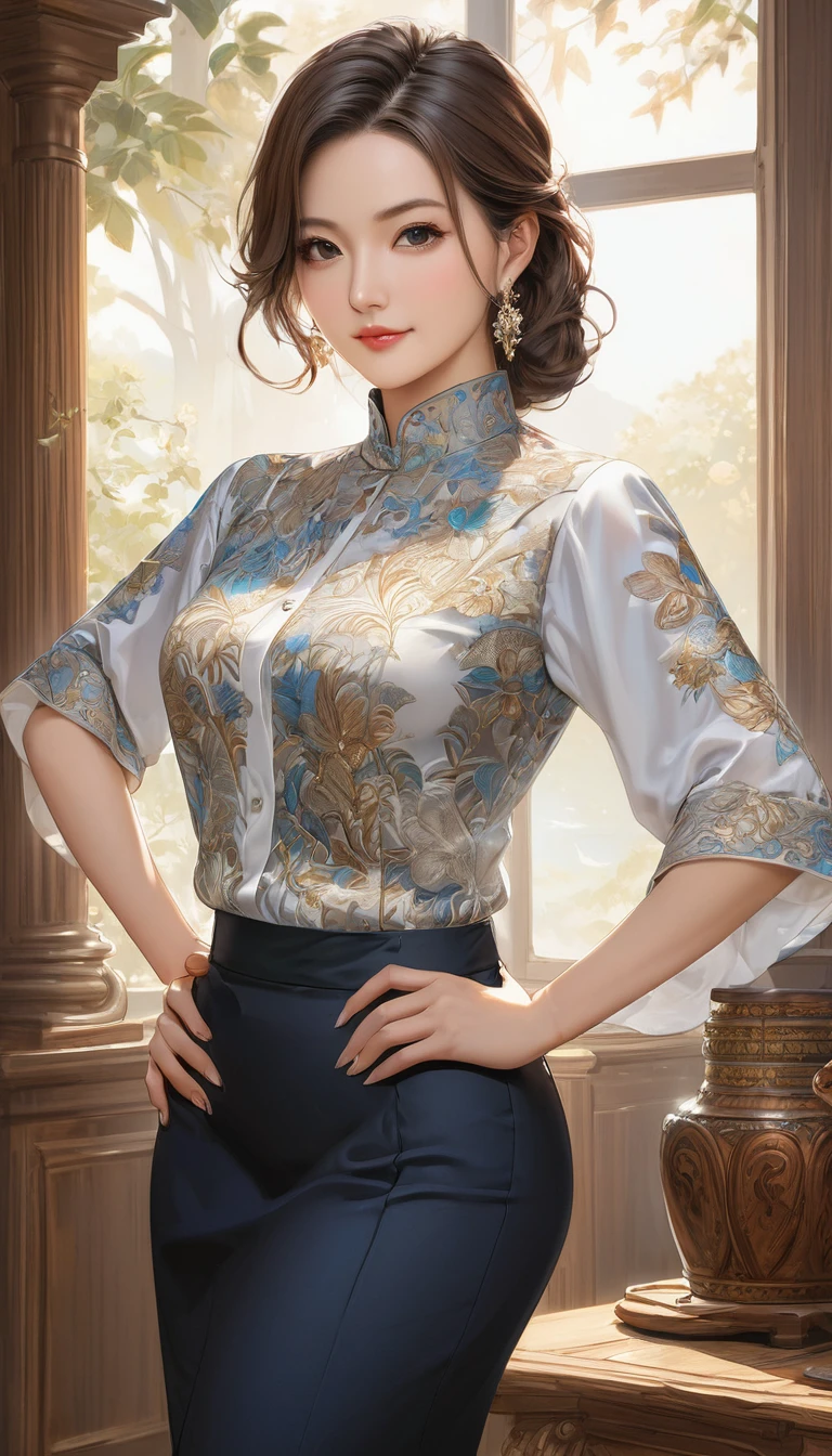 (one hand on hip:1.3) , master piece , best quality , highly detailed , woman , blouse , (matured female)