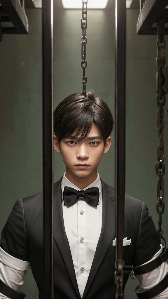 In the age of young boy was sitting in the chair  wearing a white suit take short gun with attitude 