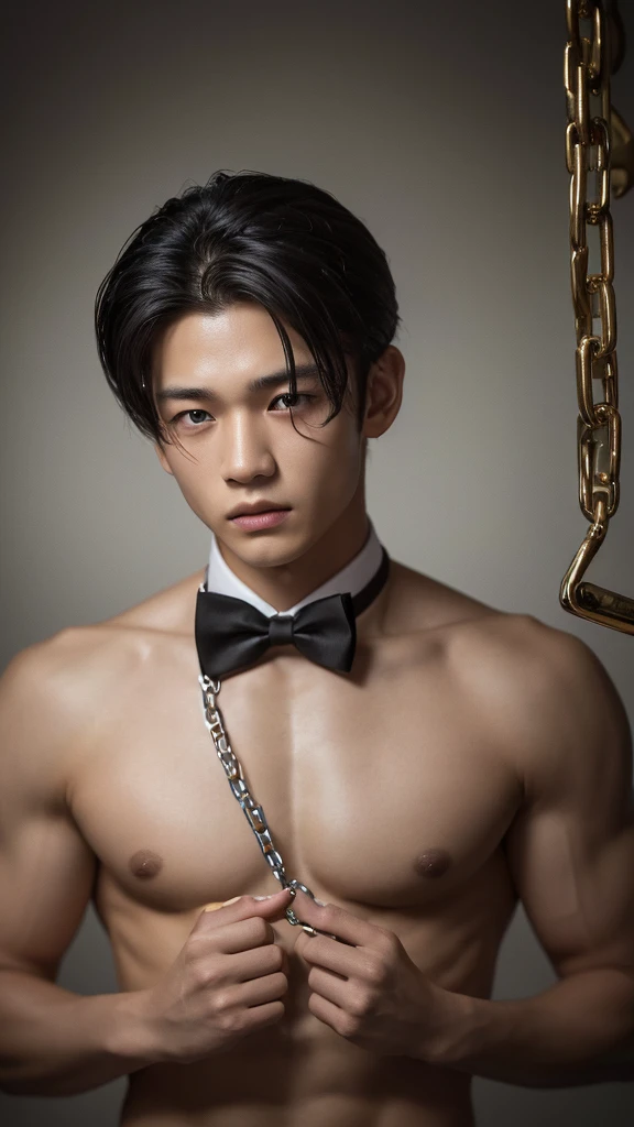 Highest quality, masterpiece, Ultra-high resolution, (Realistic: 1.4), Original photo, wallpaper, Head Photo, skin, Simple Background, iris, detailed, Underground Prison, Male idols,South Korea, 18-year-old, Black bow tie, Black trunks,Chained in shackles,Staring at me