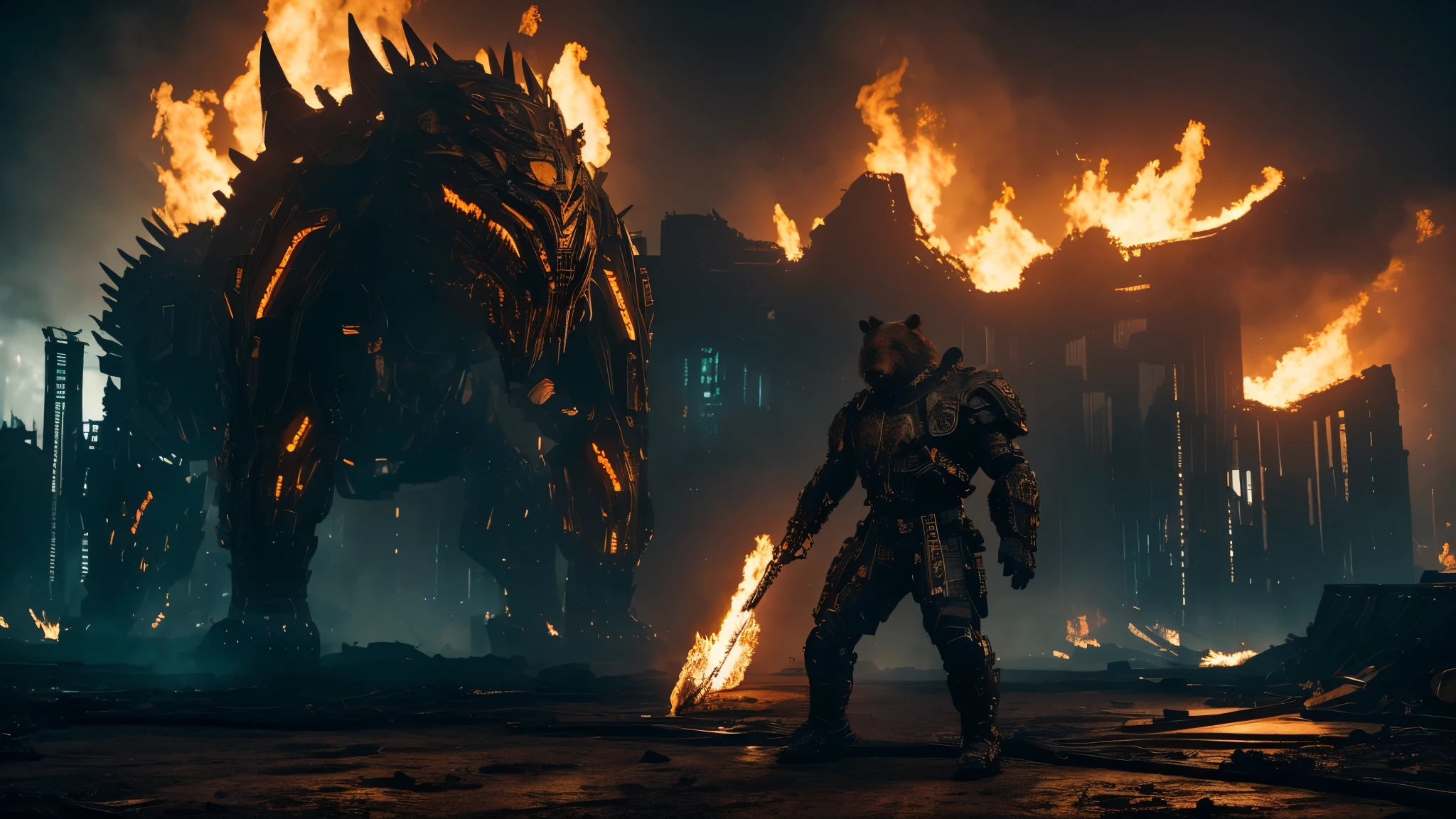 [Ultra-realistic][Cyberpunk style] There is one character model. A ferocious, bear-like humanoid cyborg that threatens enemies with its huge, sharp claws and roars. It wears bone armor and human bone decorations. The background is a ruin burning with flames and smoke. The camera angle is a powerful super-zoomed image of a giant claw pointing towards the screen, about to attack at any moment.