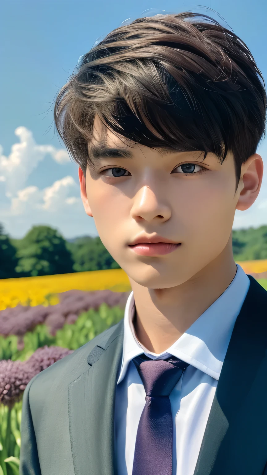 Highest quality, masterpiece, Ultra-high resolution, (Realistic: 1.4), Original photo, wallpaper, Head Photo, skin, Simple Background, Iris, detailed, Selfie, 1 boy, 18-year-old, good looking, Wind,suit、Flower Field