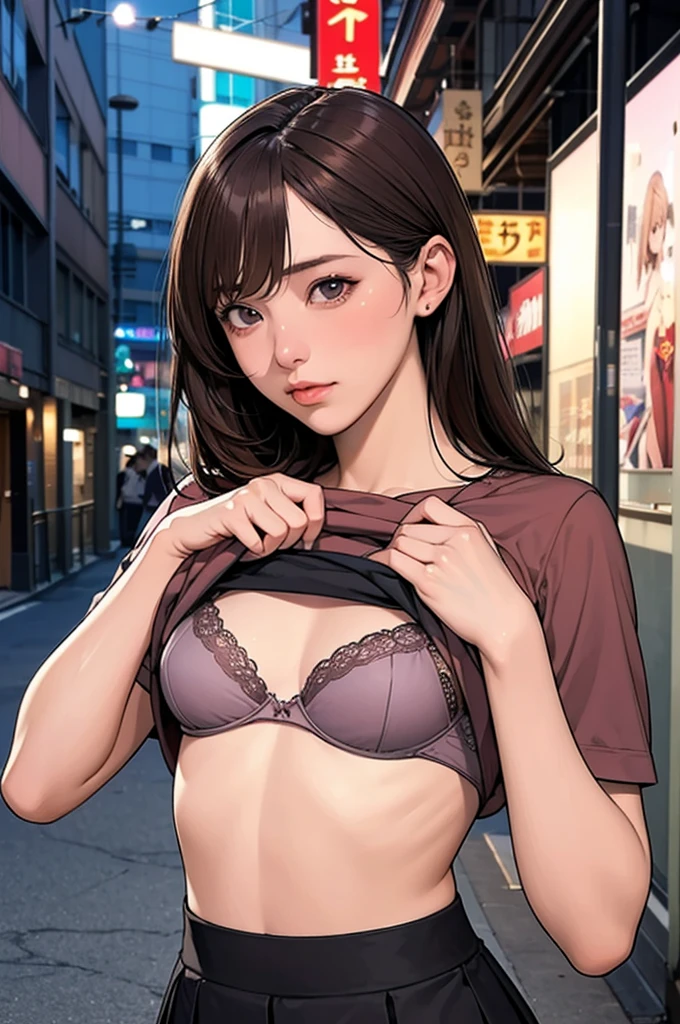 (Glossy bra、Shirt lift、Lifted it himself:1.2)、((Highest quality、8k、masterpiece:1.3))、Sharp focus:1.2、Beautiful woman with perfect figure:1.4、Slim Abs:1.2、((Dark brown hair、small:1.2))、Back alley at night　Shibuya Ward:1.2、Kiss Face,Sad expression,Embarrassed expression,Highly detailed face and skin texture、Detailed eyes、double eyelid、18-year-old、Tight Skirt