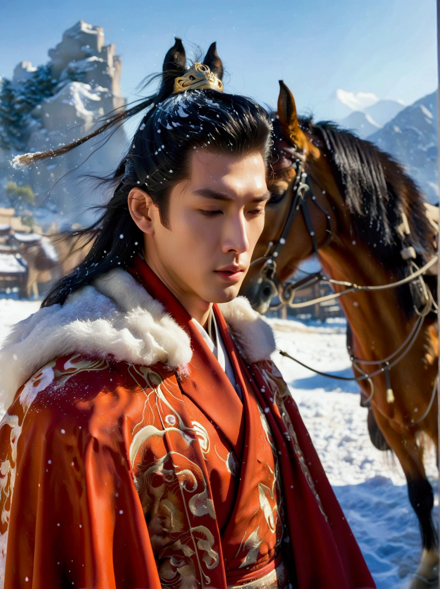 masterpiece,Highest quality,Exquisite details,Chinese style,Peerless Beauty,Delicate,heavy snow,(Leading a Han-blooded horse:1.9),wilderness,Red cape,Hanfu,Winter,Northern scenery,Snowflakes,His eyebrows are gaunt and his hair and beard are without a trace,Light and Shadow,Drama Perspective,Slash composition,(Panoramic photos taken with a wide-angle lens:1.9),Film Grain