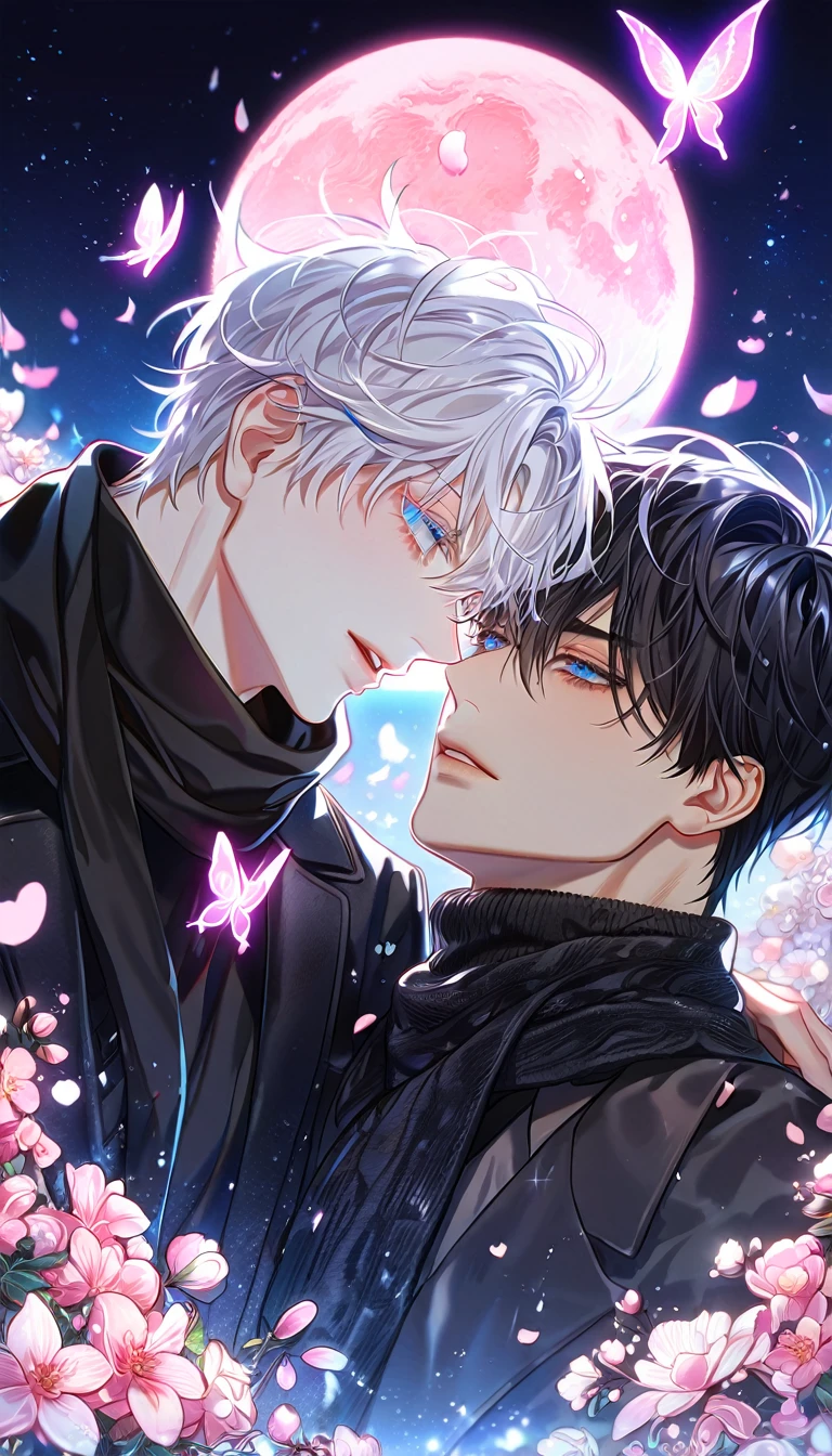 absurdres, highres, ultra detailed, HDR, master piece, best quality, extremely detailed face, delicated features, Kang Woojin, black hair, messy hair, expressive dark blue eyes, Love Jinx, Gojou Satoru, white hair, expressive blue eyes, white eyelashes, two sexy men together, gay couple, yaoi, handsome, black coat, black sweater, black scarf, fantasy, magical, radiant, blossoms, pink flowers, pink butterflies, starry night, shining pink moon