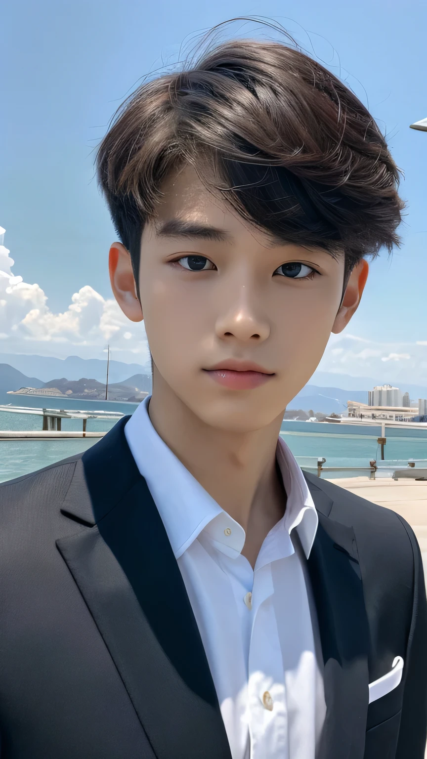 Highest quality, masterpiece, Ultra-high resolution, (Realistic: 1.4), Original photo, wallpaper, Head Photo, skin, Simple Background, Iris, detailed, Selfie, 1 boy, 18-year-old, good looking, Wind,suit、Rocky area