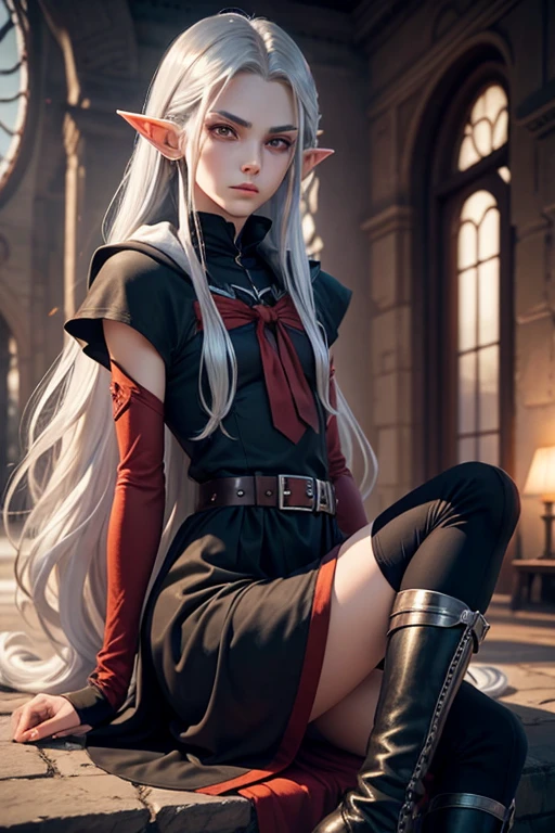 elf, rascal dress, very long straight silver hair, silver eyes, very androgynous, with red hood.