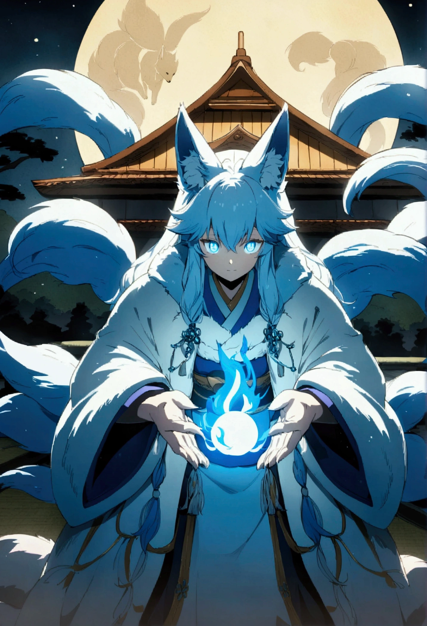fox Light blue hair beast indigo fur fox beast fox Light blue hair beast indigo fur fox beast Wallpaper 4k,8k,highly detailled,,vivid colors,detailed kitsune with 9 tails,traditional Japanese artwork,tatami floor,beautiful cherry blossoms,floating lanterns,dark silhouette of a pagoda,subtle moonlight,dense forest,ethereal atmosphere,dappled sunlight,whimsical spirit,serene expression,elaborate kimono and obi,delicate hand-painted details,luminous eyes Anime Style fox blue White-faced golden-haired nine-tailed fox Coat blue fox Light blue hair beast indigo fur fox beast Anime Style fox blue White-faced golden-haired nine-tailed fox Coat blue mysterious background Blue Flame have a ball of light fox Light blue hair beast indigo fur fox beast mysterious background Blue Flame have a ball of light Anime Style fox blue White-faced golden-haired nine-tailed fox Coat blue mysterious background Blue Flame have a ball of light
