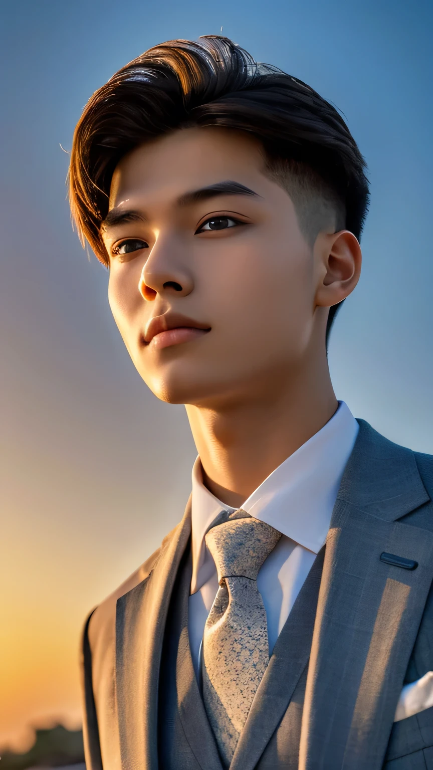 Highest quality, masterpiece, Ultra-high resolution, (Realistic: 1.4), Original photo, wallpaper, Head Photo, skin, Simple Background, Iris, detailed, Selfie, 1 boy, 18-year-old, good looking, Wind,suit、Sunset
